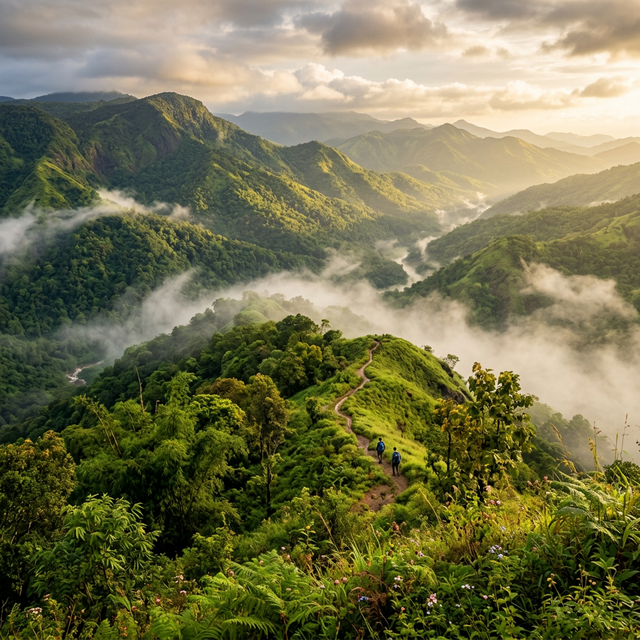 Stunning Karnataka landscape with mist covered hills and trekking path
